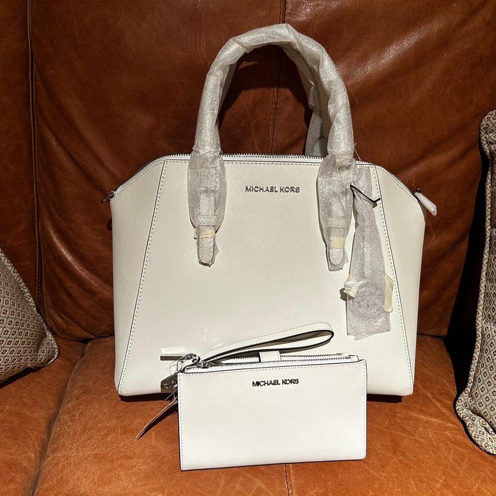 Michael Kors White Satchel with Silver Hardware and Structured Design